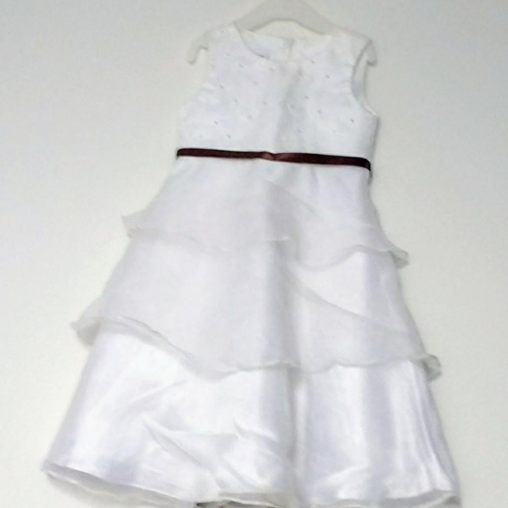 Bonnie Jean White Tiered Sleeveless Dress with Brown Sateen Ribbon